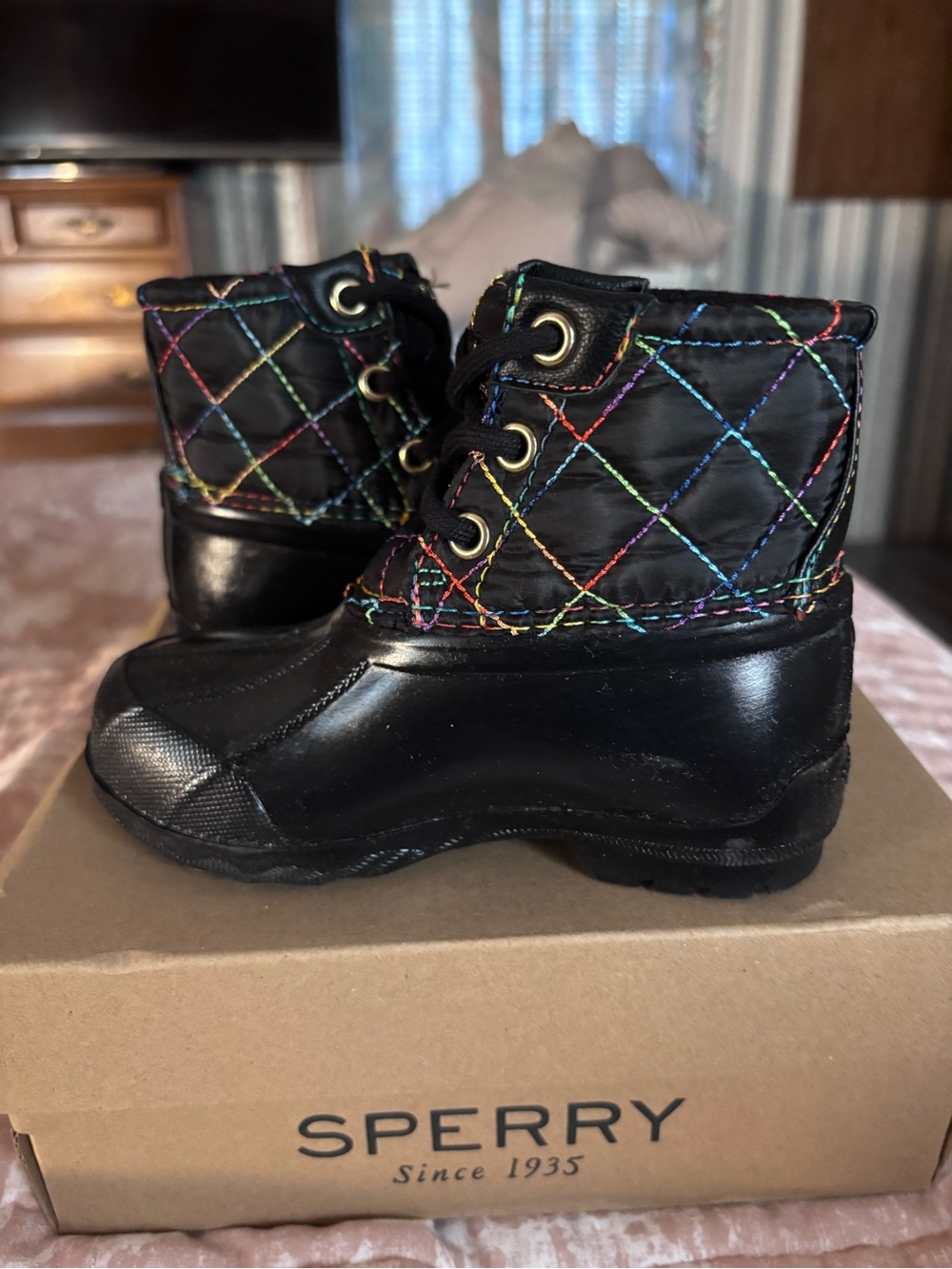 Sperry Kids Black Rain Boots with Rainbow Quilted Stitching